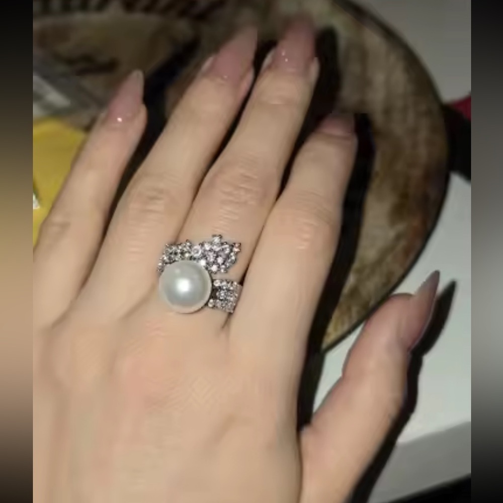 Luxe Pearl Diamond Wrap Ring | Statement Leaf Design | Adjustable - Picture 7 of 10